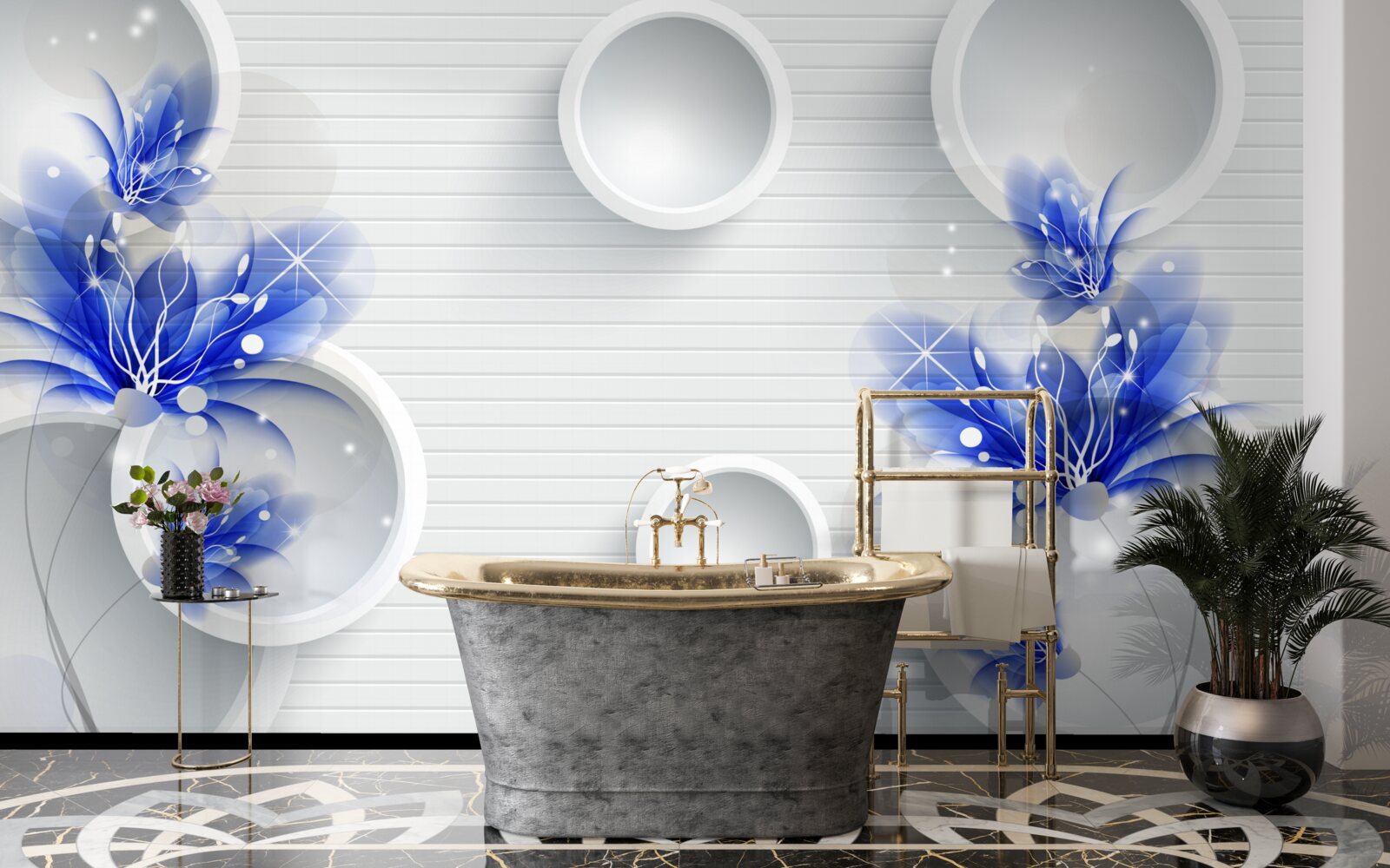 Fotobehang blauwe knoppen op een abstracte achtergrond met cirkels