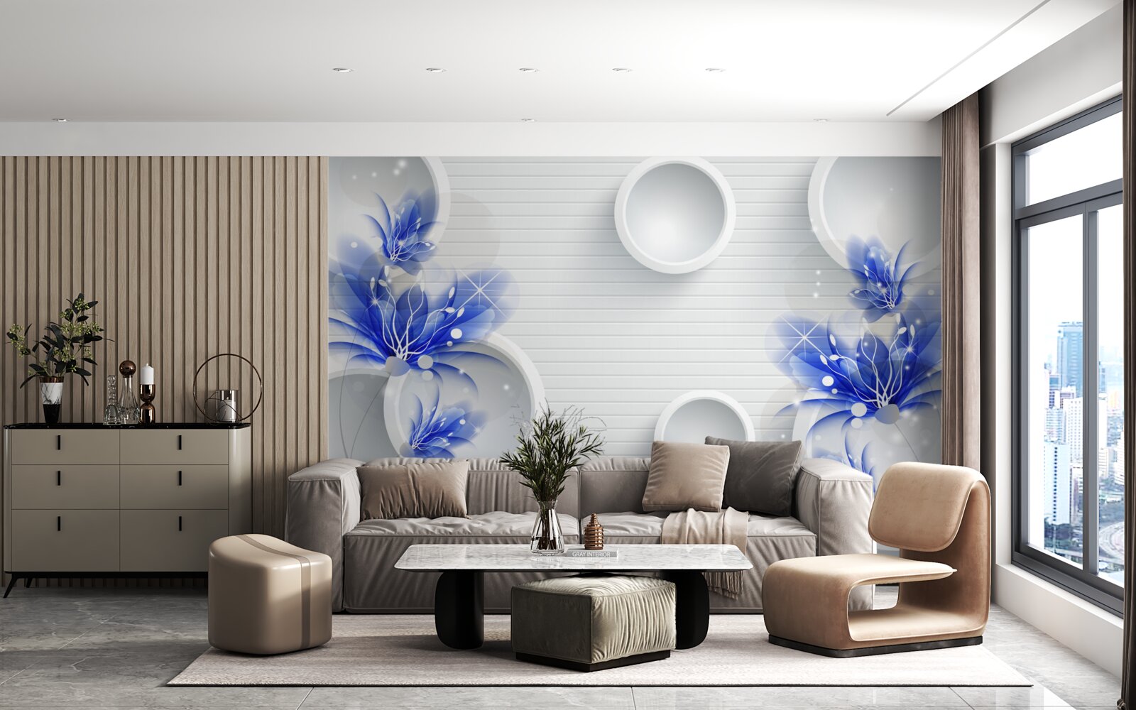 Fotobehang blauwe knoppen op een abstracte achtergrond met cirkels