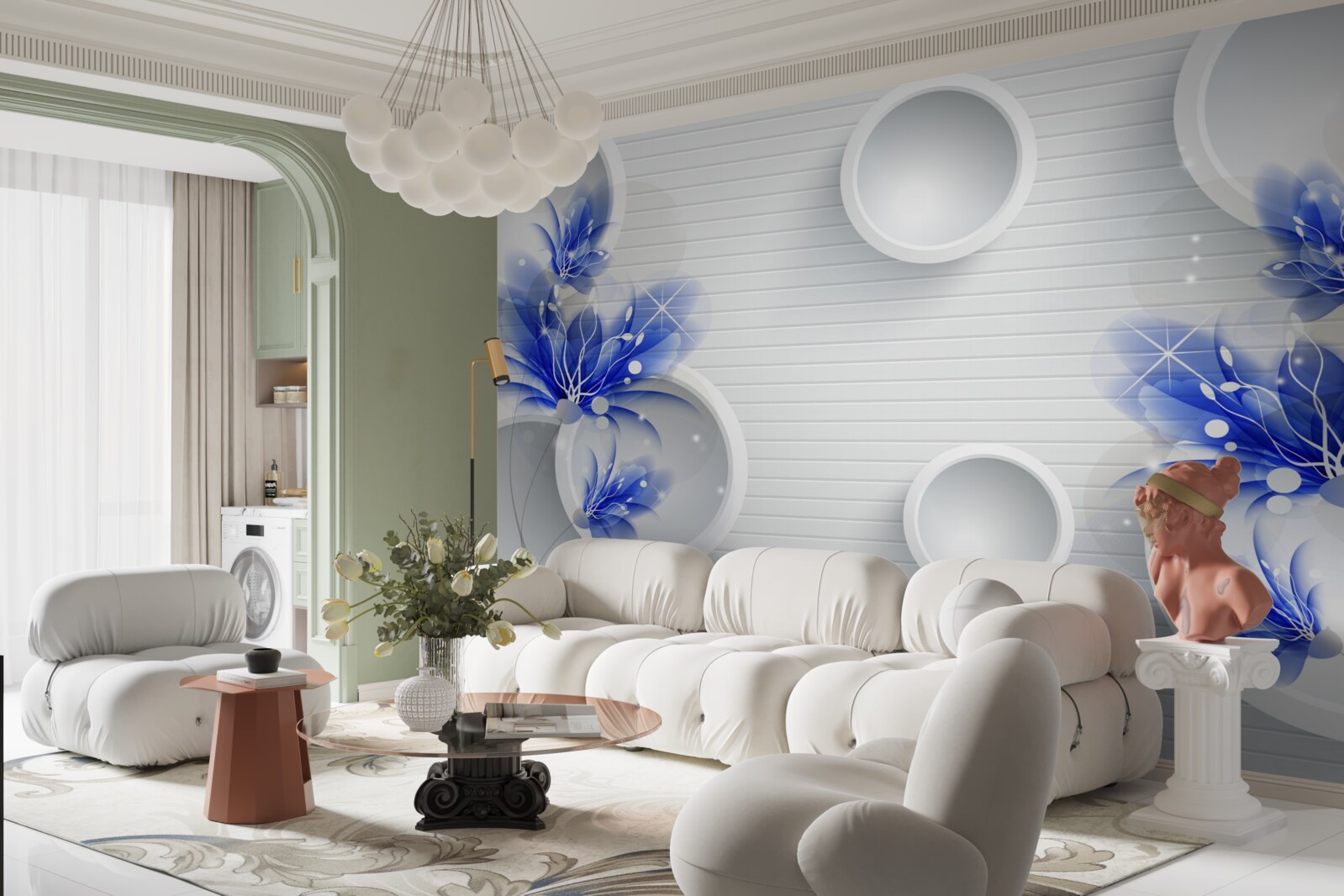 Fotobehang blauwe knoppen op een abstracte achtergrond met cirkels