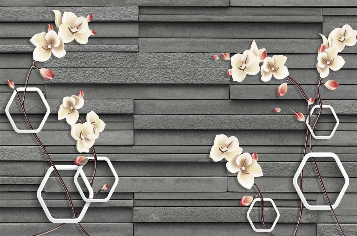 Fotobehang zwarte stenen muur versierd met witte bloemen