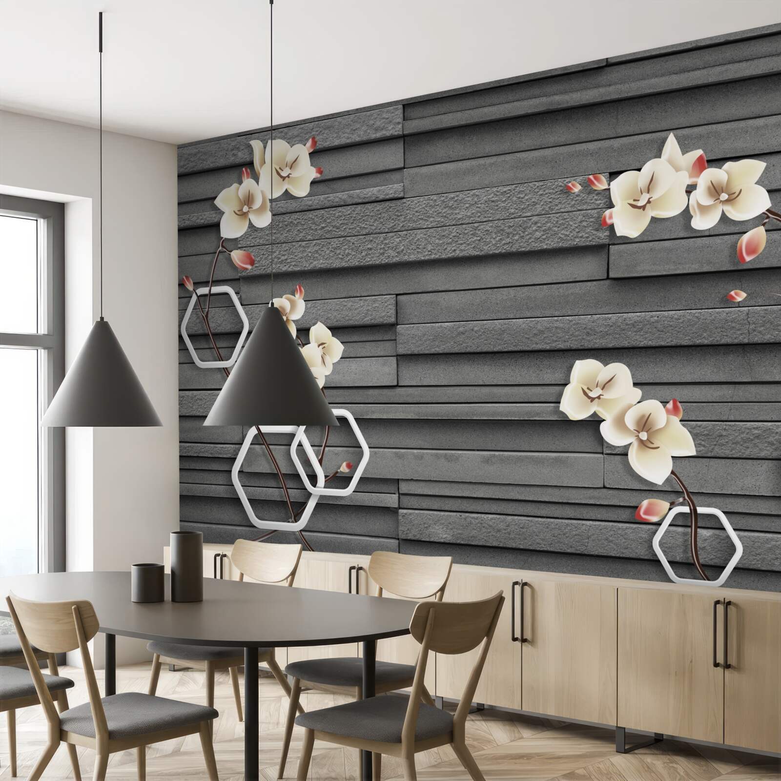 Fotobehang zwarte stenen muur versierd met witte bloemen