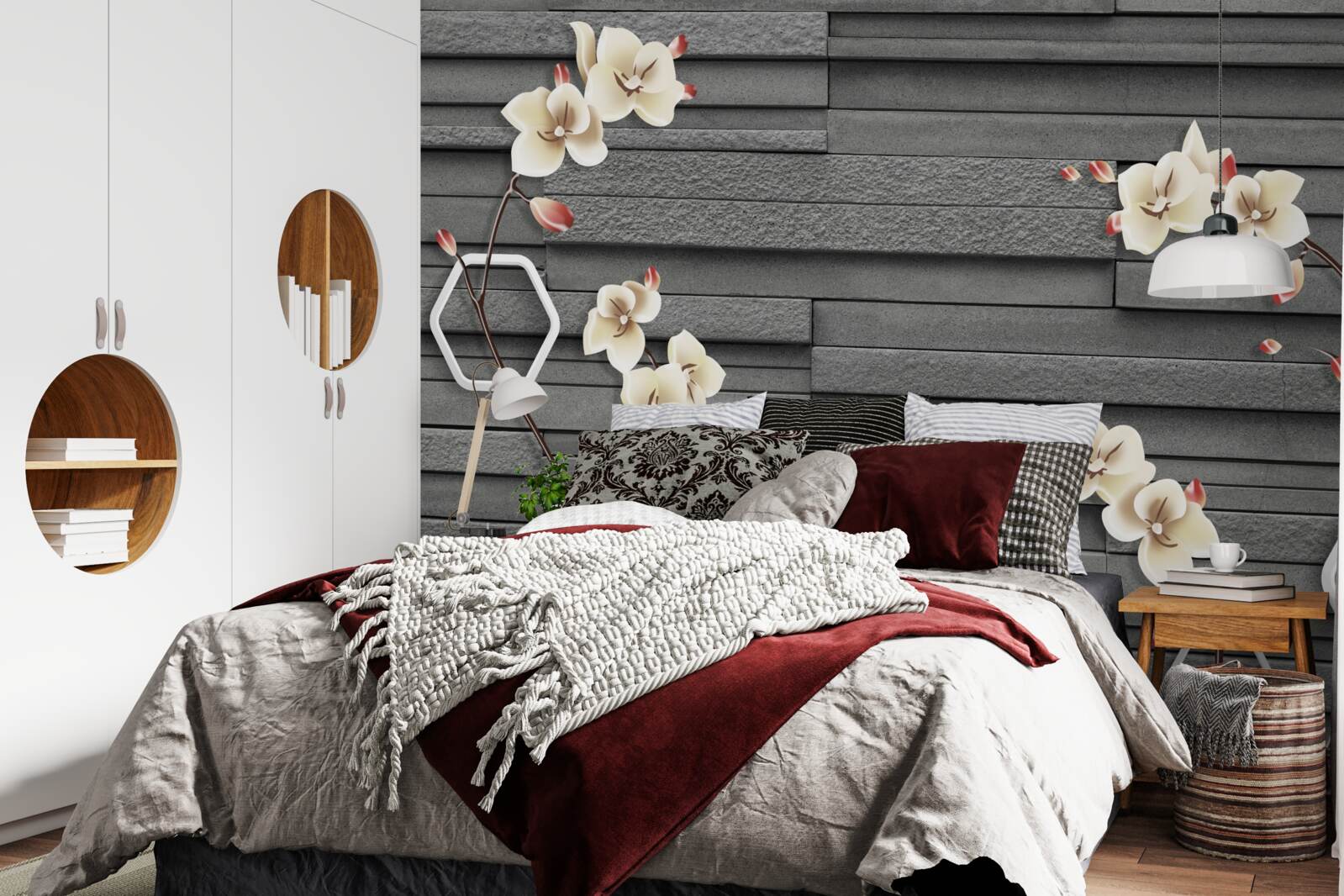 Fotobehang zwarte stenen muur versierd met witte bloemen