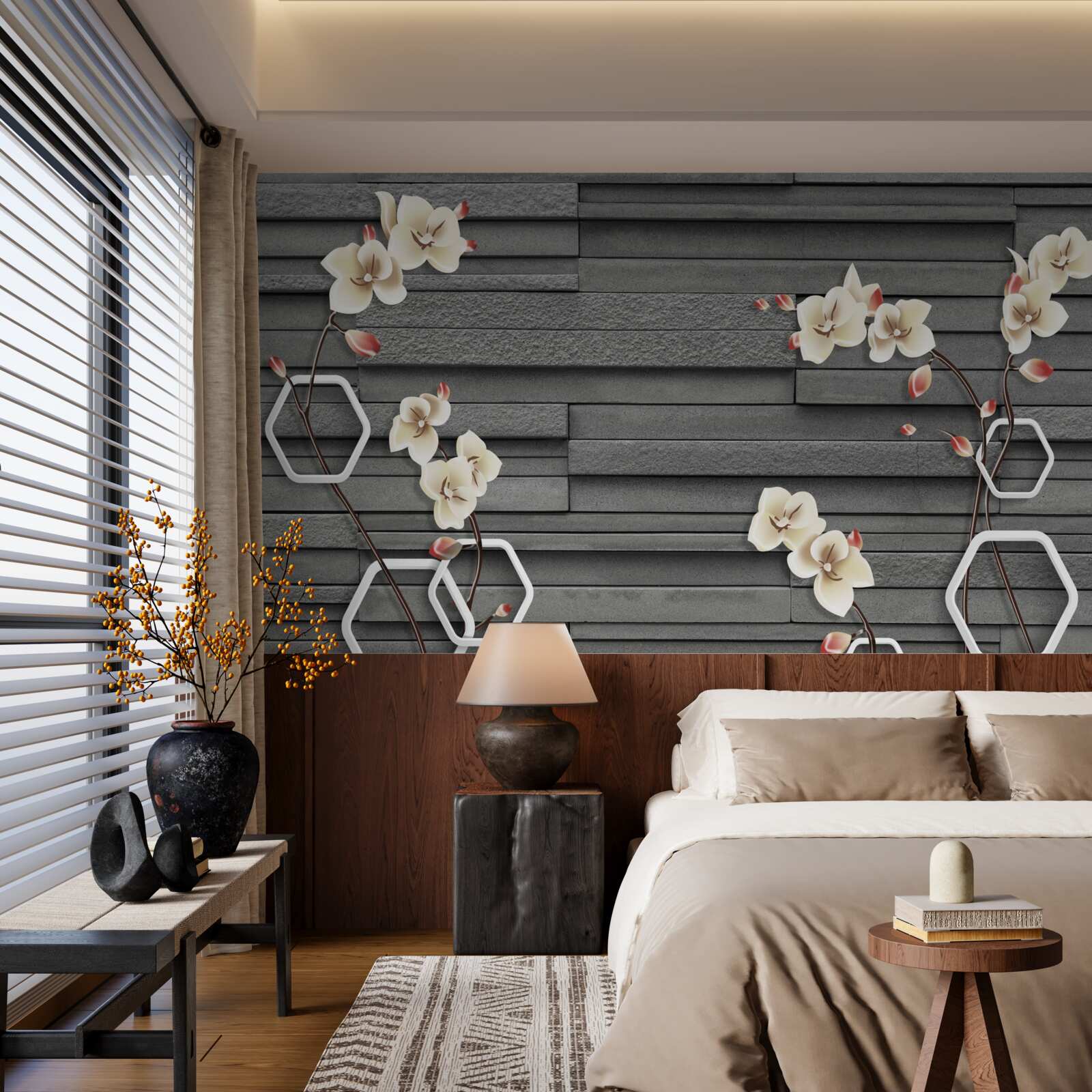 Fotobehang zwarte stenen muur versierd met witte bloemen