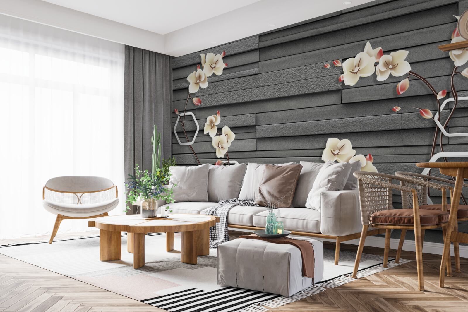 Fotobehang zwarte stenen muur versierd met witte bloemen