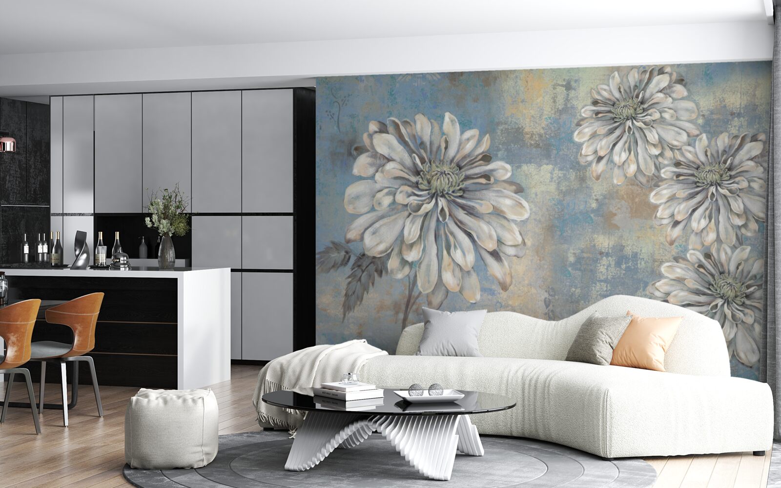 Fotobehang sneeuwwitte asters zo groot als regen op de achtergrond