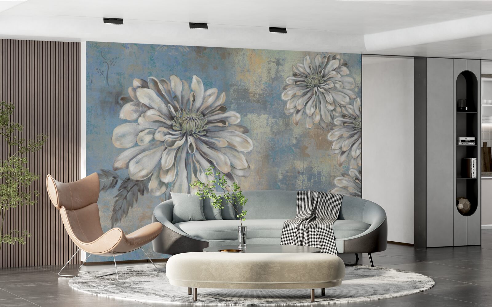 Fotobehang sneeuwwitte asters zo groot als regen op de achtergrond