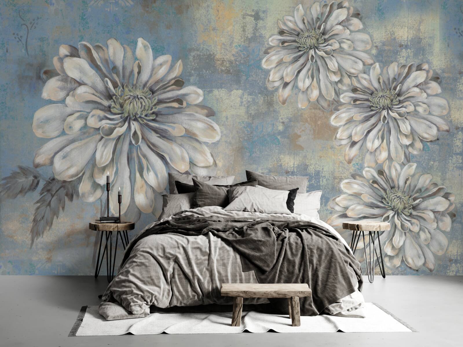 Fotobehang sneeuwwitte asters zo groot als regen op de achtergrond