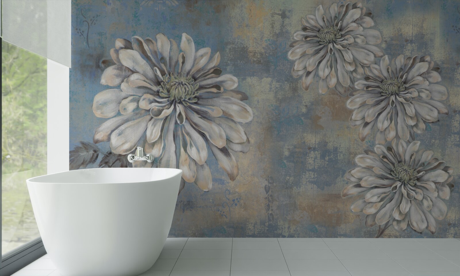 Fotobehang sneeuwwitte asters zo groot als regen op de achtergrond