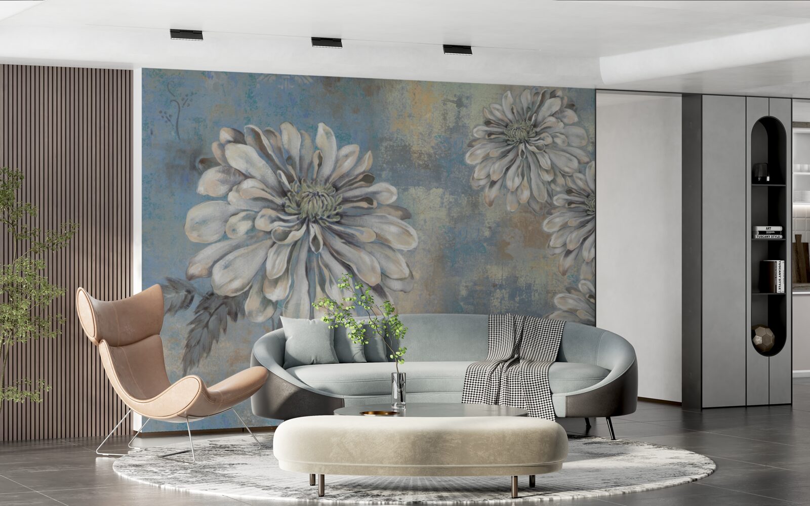 Fotobehang sneeuwwitte asters zo groot als regen op de achtergrond