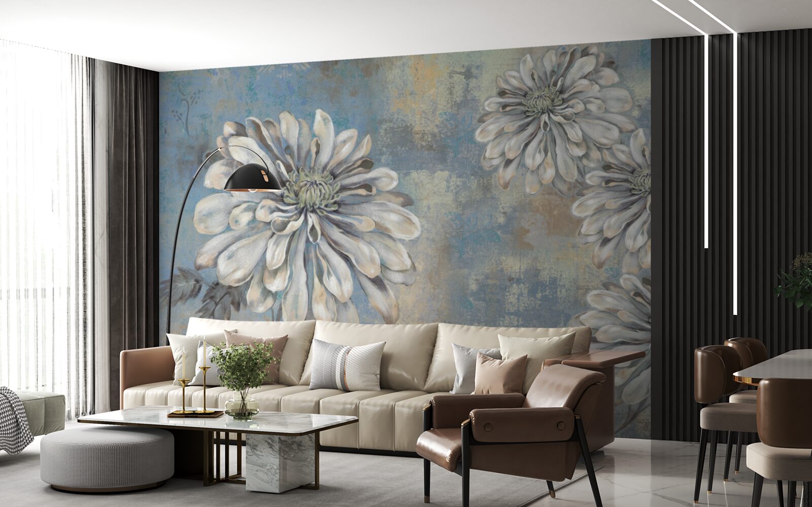 Fotobehang sneeuwwitte asters zo groot als regen op de achtergrond