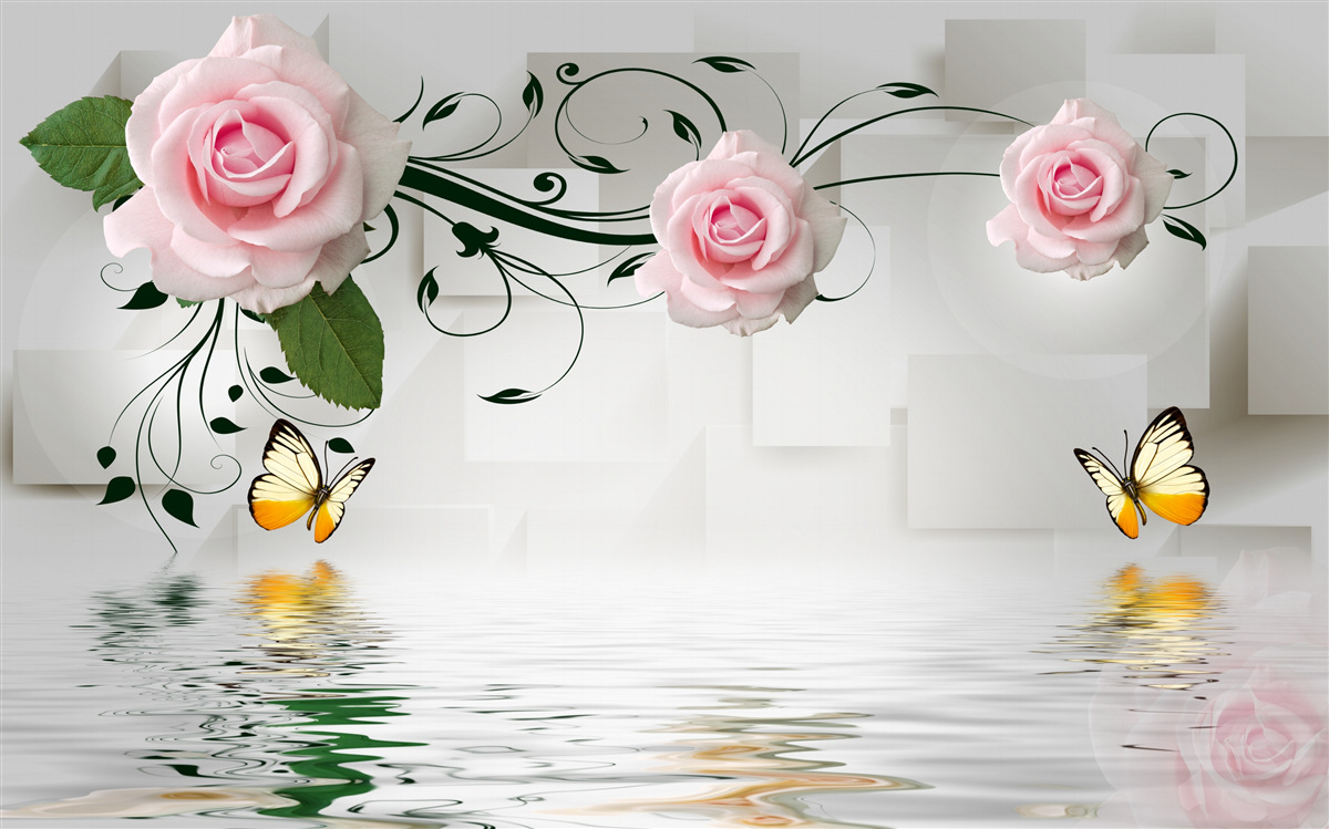 Fotobehang vlinders boven water bij een rozentak met een delicate roze tint