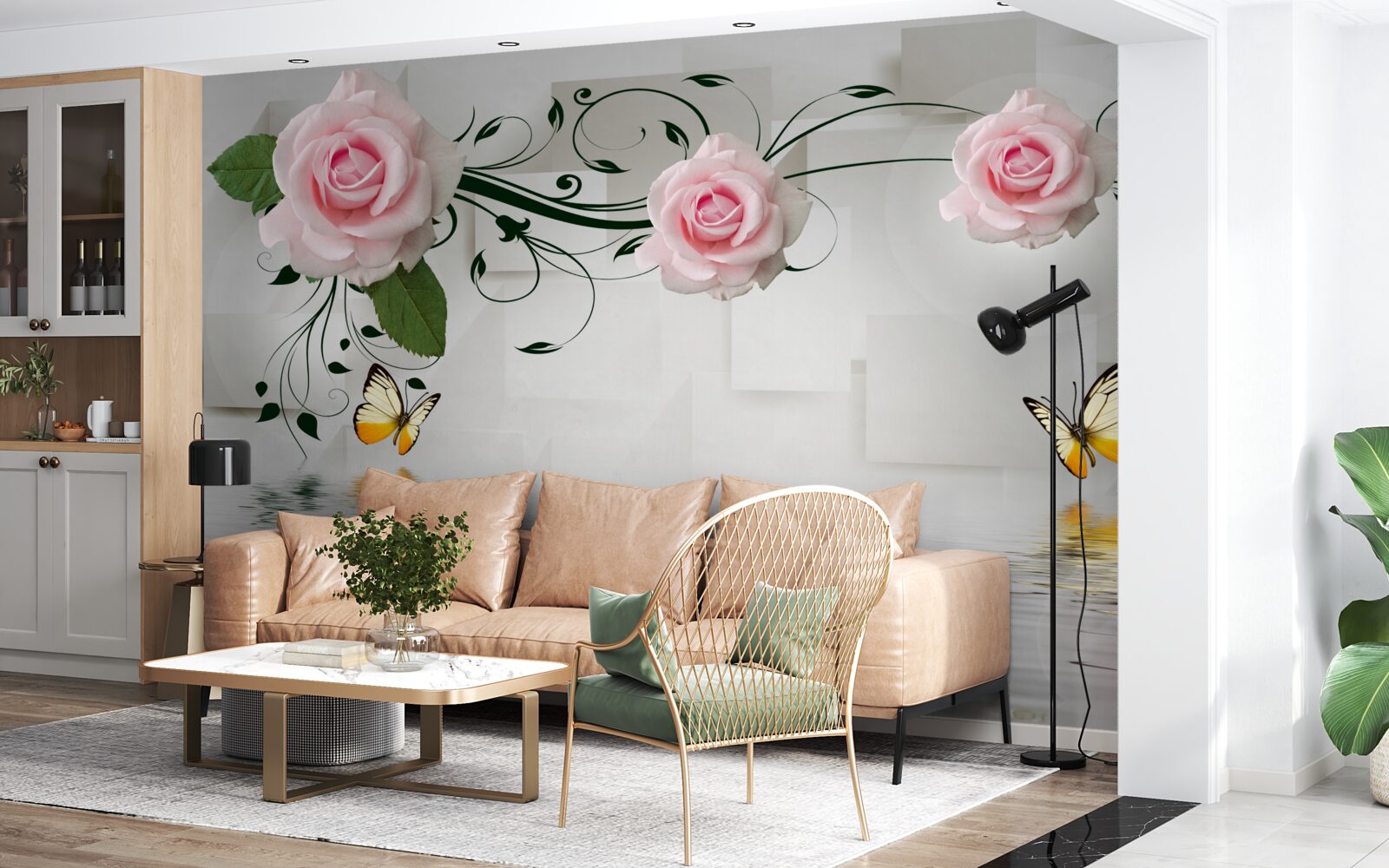 Fotobehang vlinders boven water bij een rozentak met een delicate roze tint