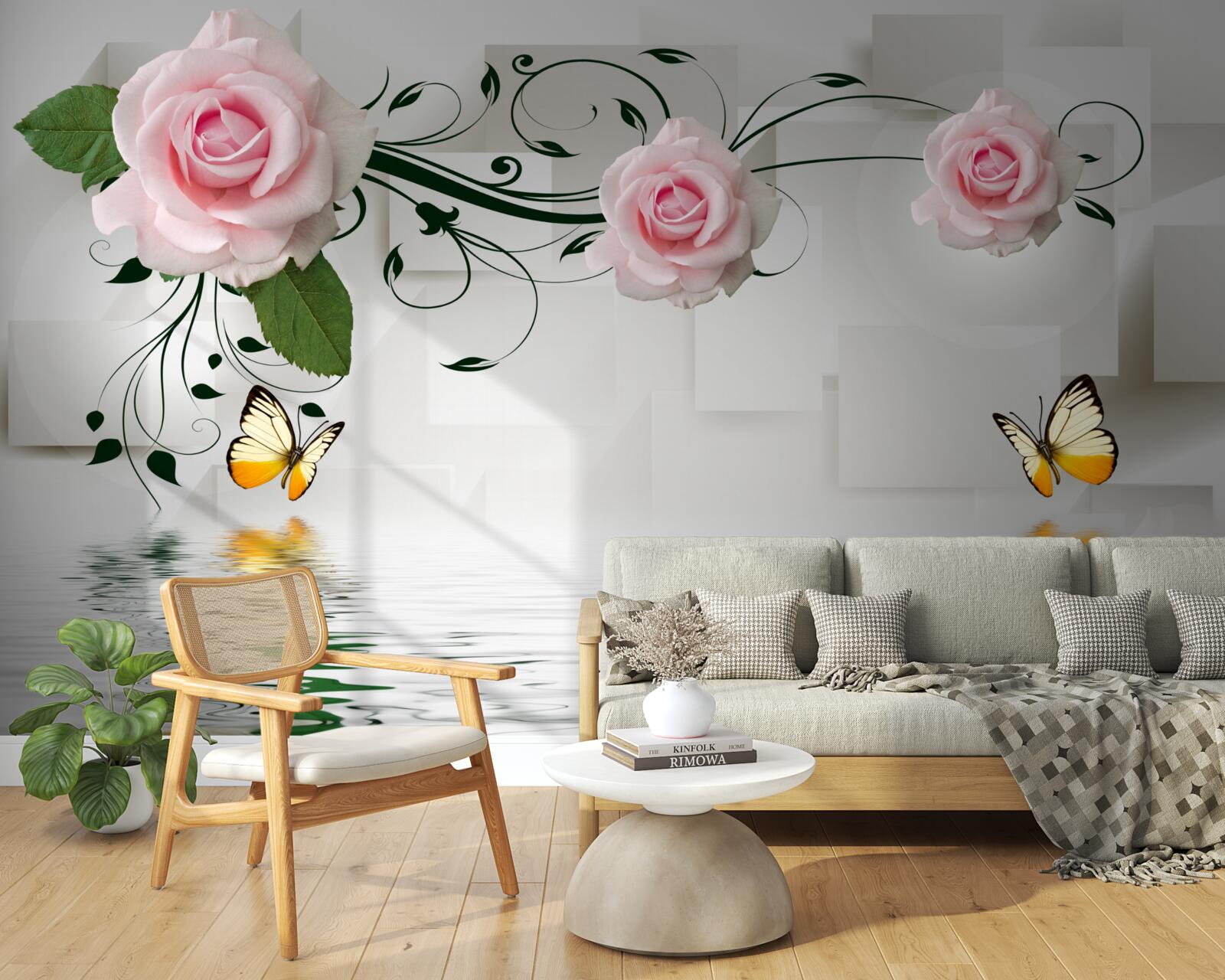 Fotobehang vlinders boven water bij een rozentak met een delicate roze tint