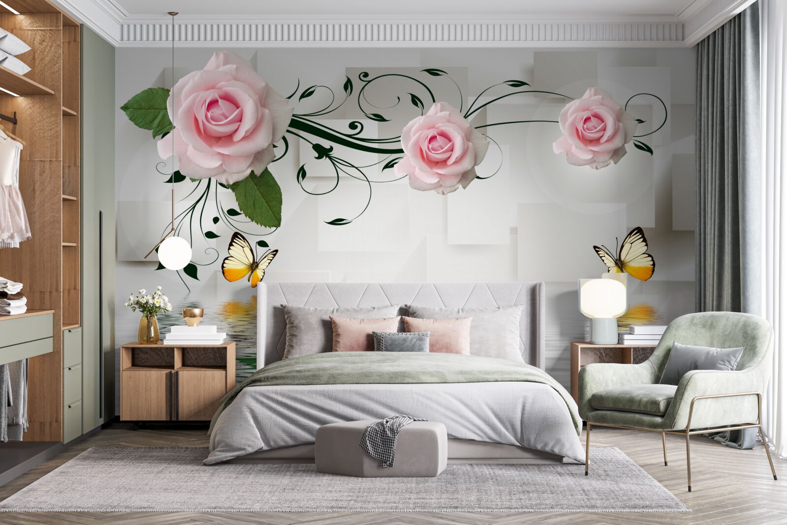 Fotobehang vlinders boven water bij een rozentak met een delicate roze tint