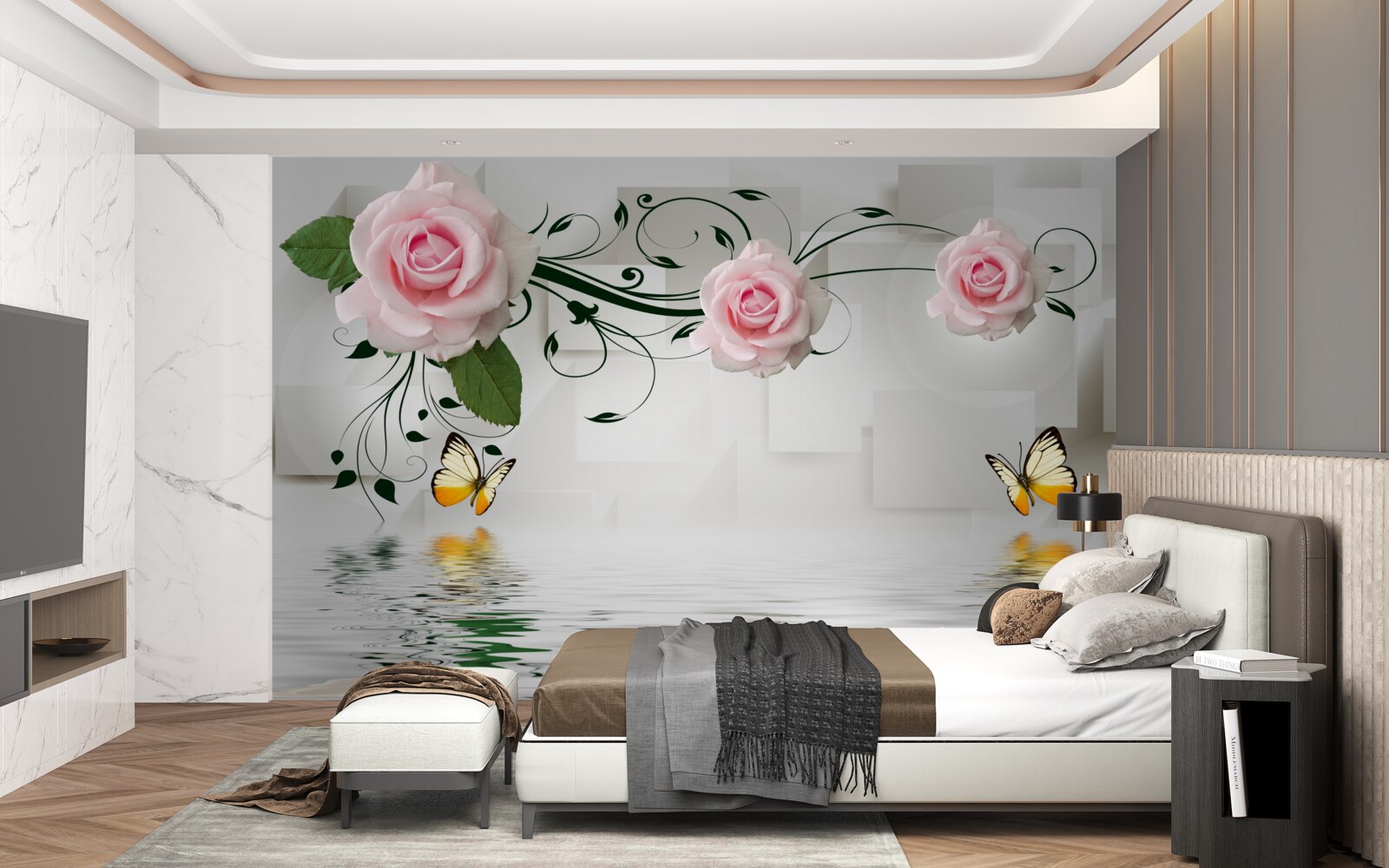 Fotobehang vlinders boven water bij een rozentak met een delicate roze tint