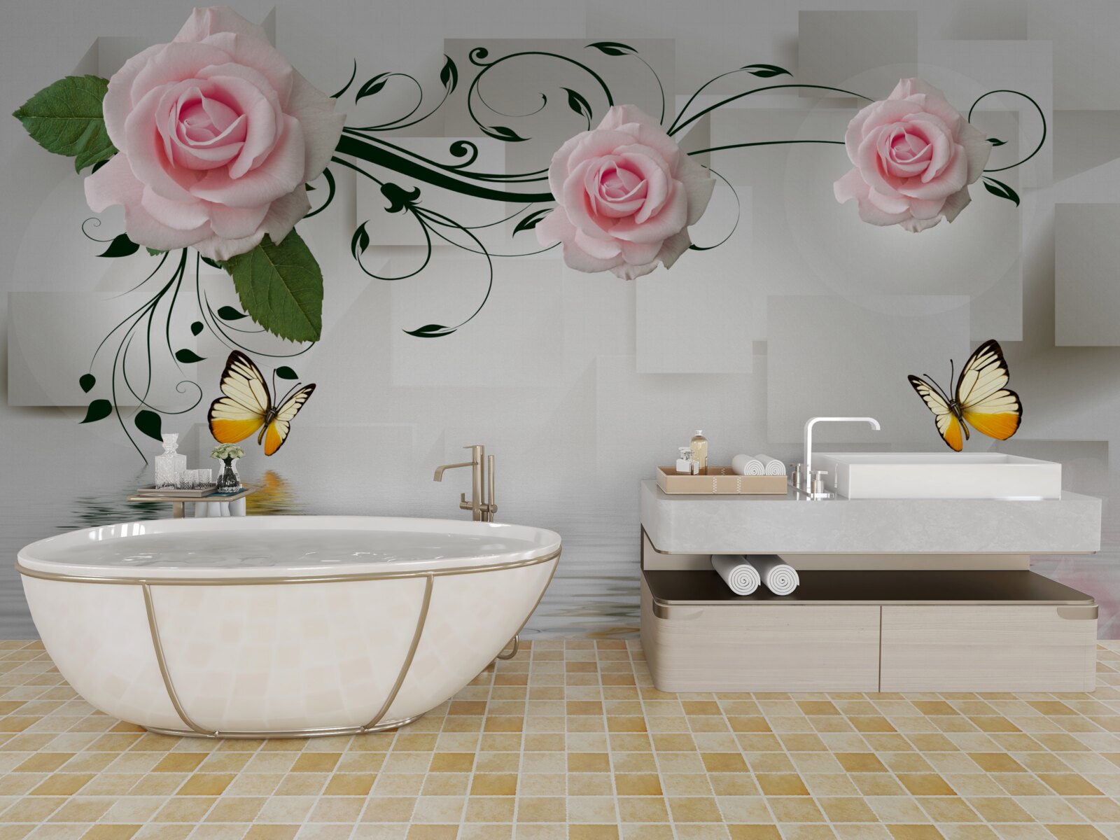 Fotobehang vlinders boven water bij een rozentak met een delicate roze tint