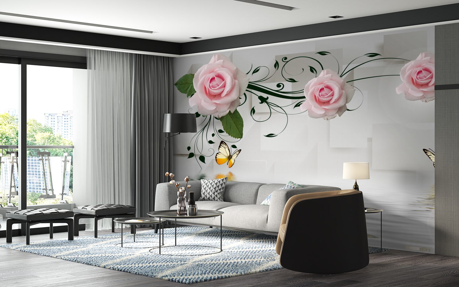 Fotobehang vlinders boven water bij een rozentak met een delicate roze tint