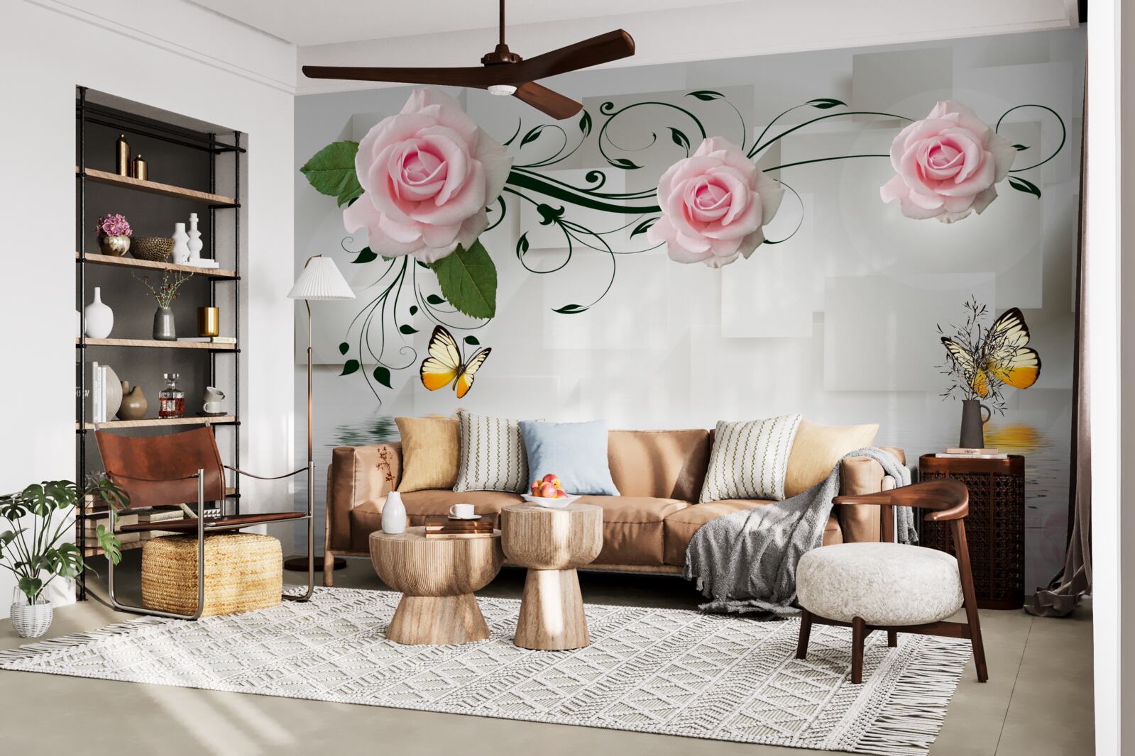 Fotobehang vlinders boven water bij een rozentak met een delicate roze tint