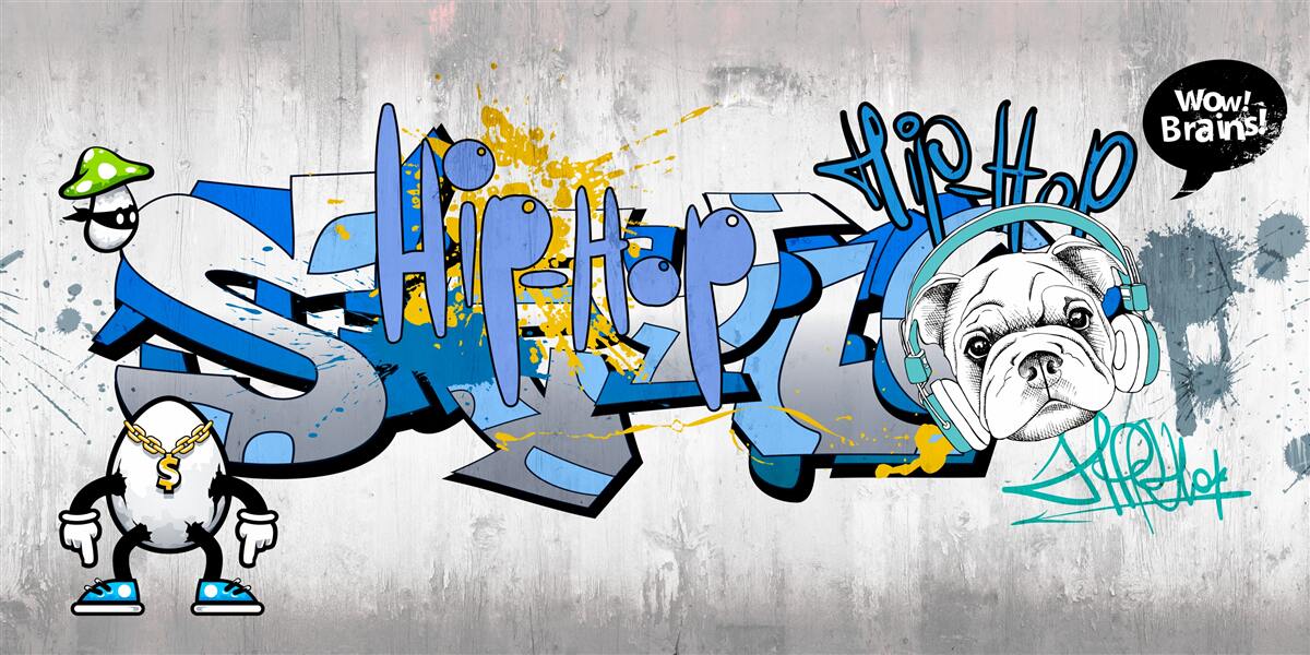 Fotobehang graffiti op een muur met een afbeelding van een hond met een koptelefoon op