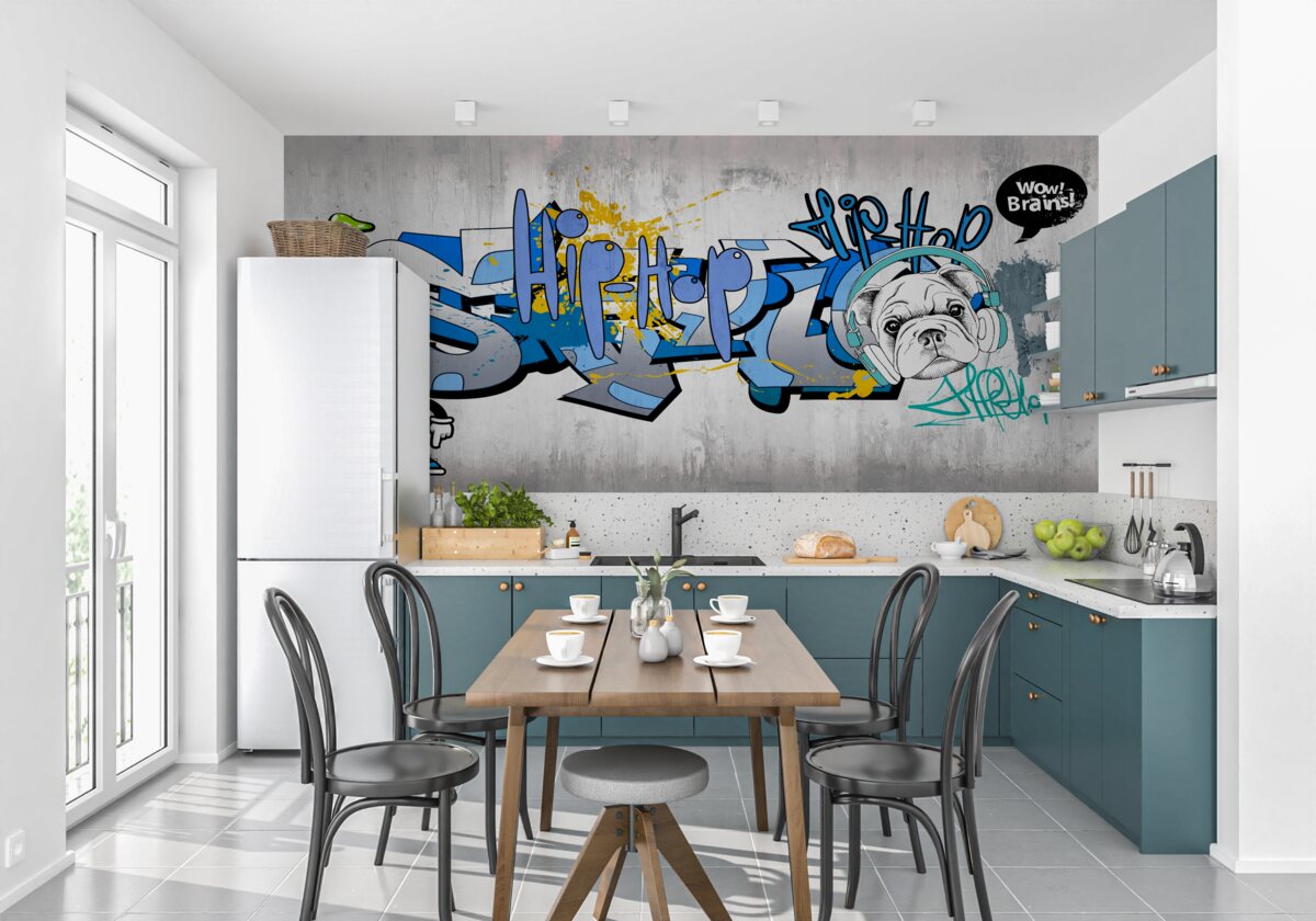 Fotobehang graffiti op een muur met een afbeelding van een hond met een koptelefoon op
