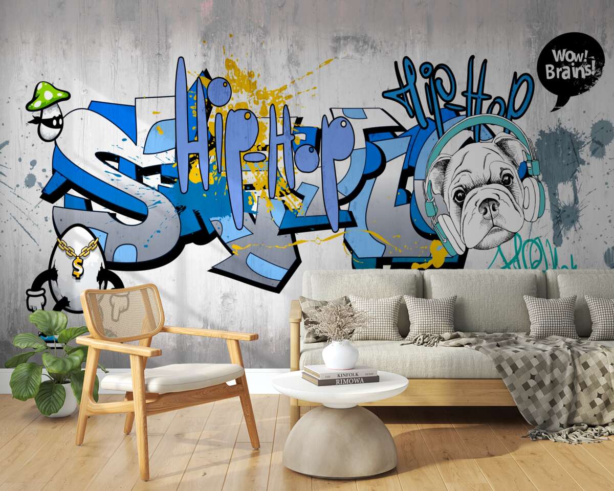 Fotobehang graffiti op een muur met een afbeelding van een hond met een koptelefoon op