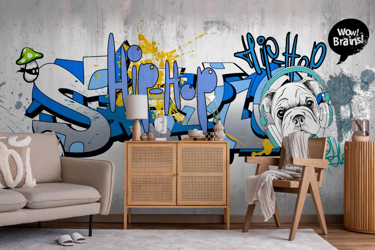 Fotobehang graffiti op een muur met een afbeelding van een hond met een koptelefoon op