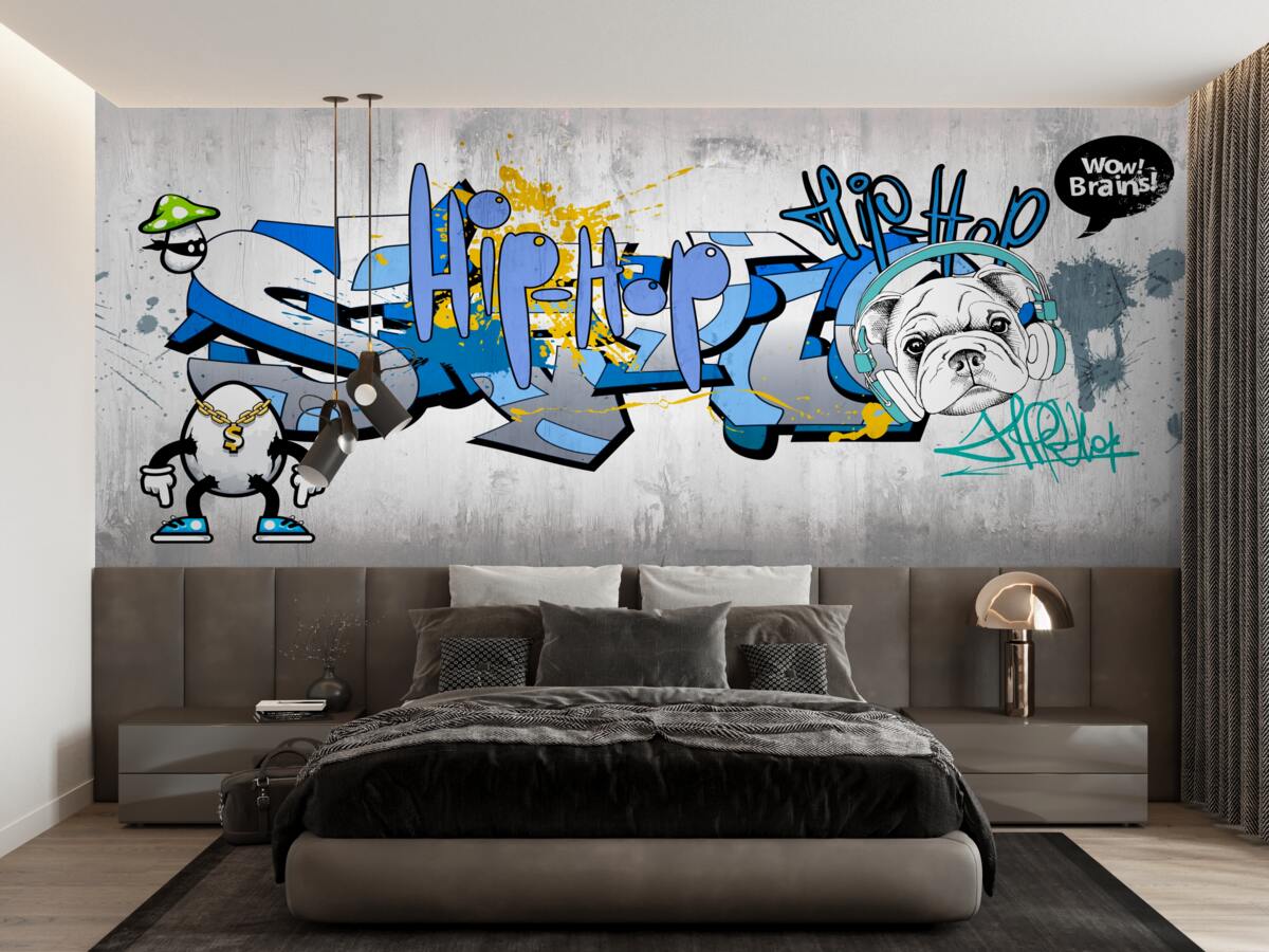 Fotobehang graffiti op een muur met een afbeelding van een hond met een koptelefoon op