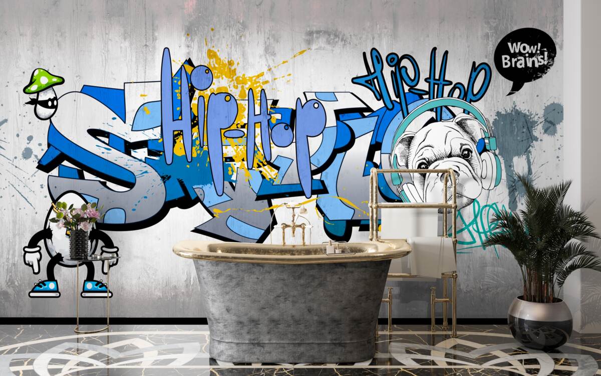 Fotobehang graffiti op een muur met een afbeelding van een hond met een koptelefoon op