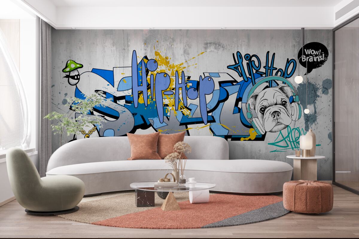 Fotobehang graffiti op een muur met een afbeelding van een hond met een koptelefoon op