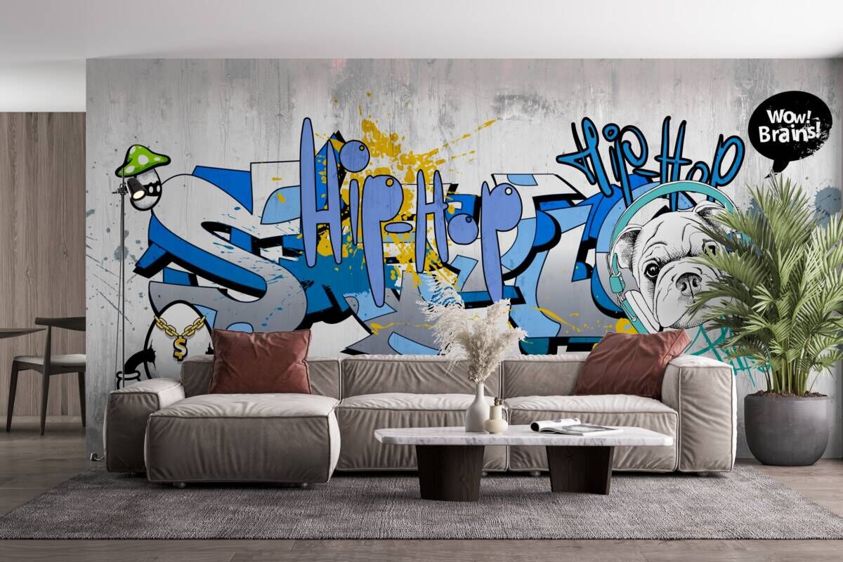 Fotobehang graffiti op een muur met een afbeelding van een hond met een koptelefoon op