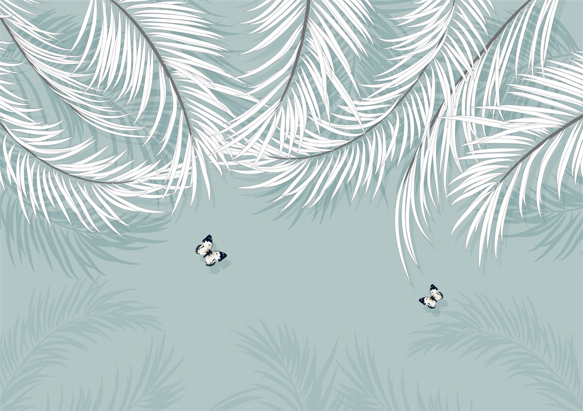 Fotobehang vlinders verstoppen zich onder palmbladeren