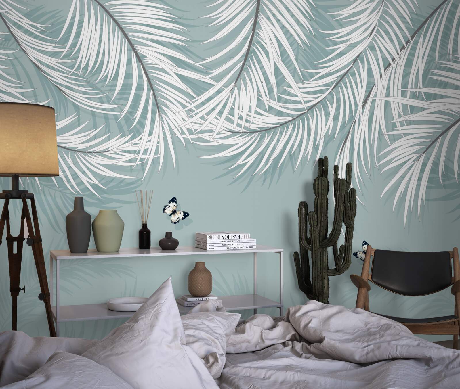 Fotobehang vlinders verstoppen zich onder palmbladeren