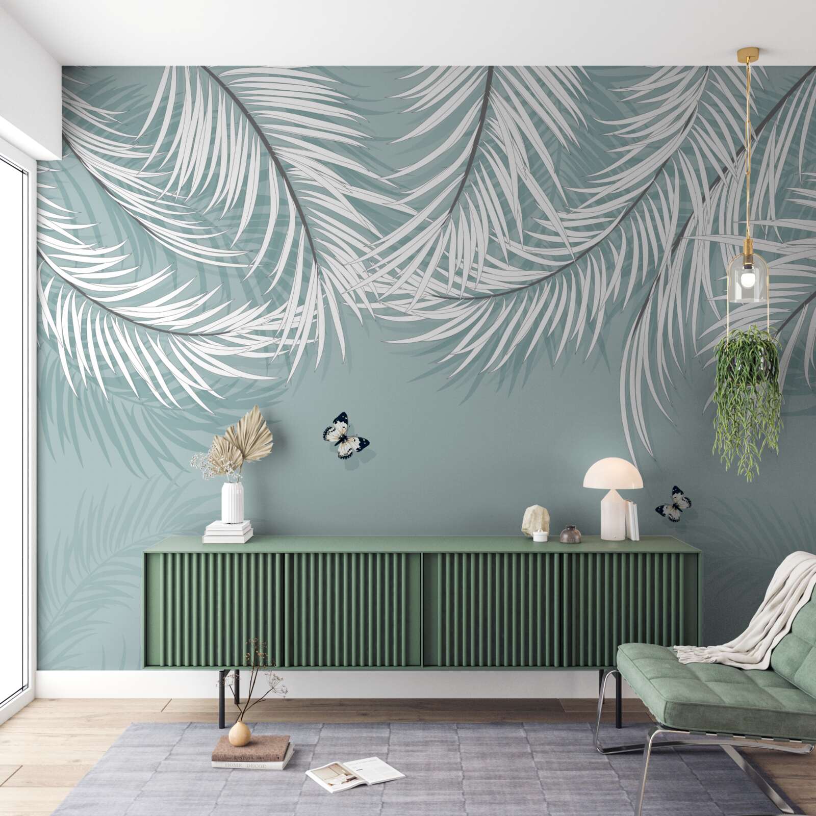 Fotobehang vlinders verstoppen zich onder palmbladeren