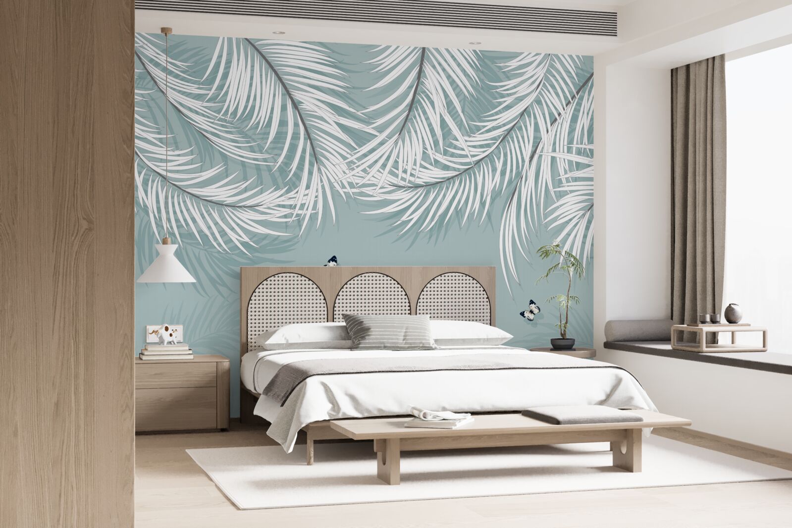 Fotobehang vlinders verstoppen zich onder palmbladeren