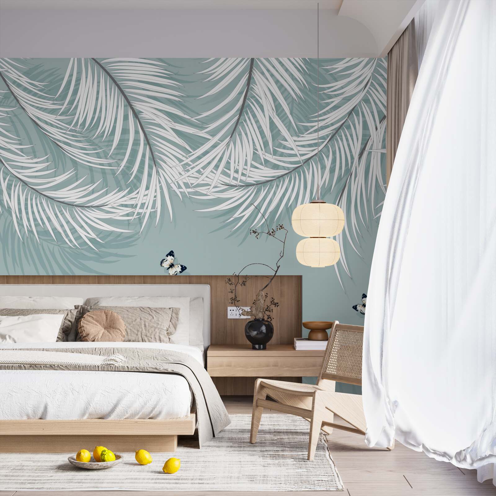 Fotobehang vlinders verstoppen zich onder palmbladeren