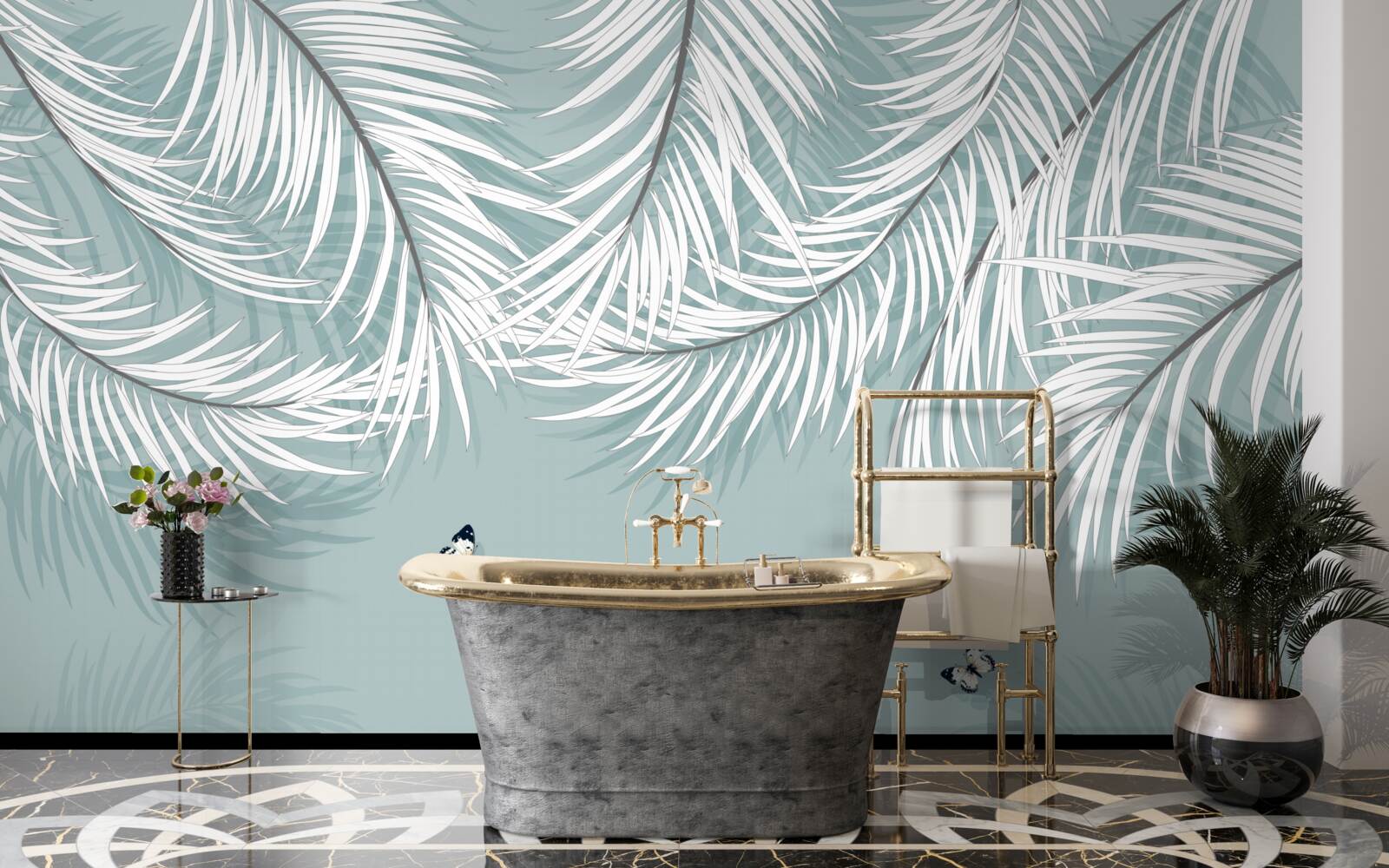 Fotobehang vlinders verstoppen zich onder palmbladeren