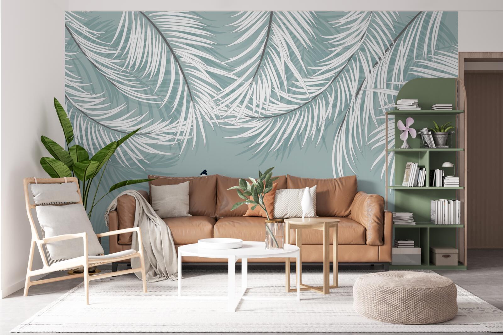 Fotobehang vlinders verstoppen zich onder palmbladeren