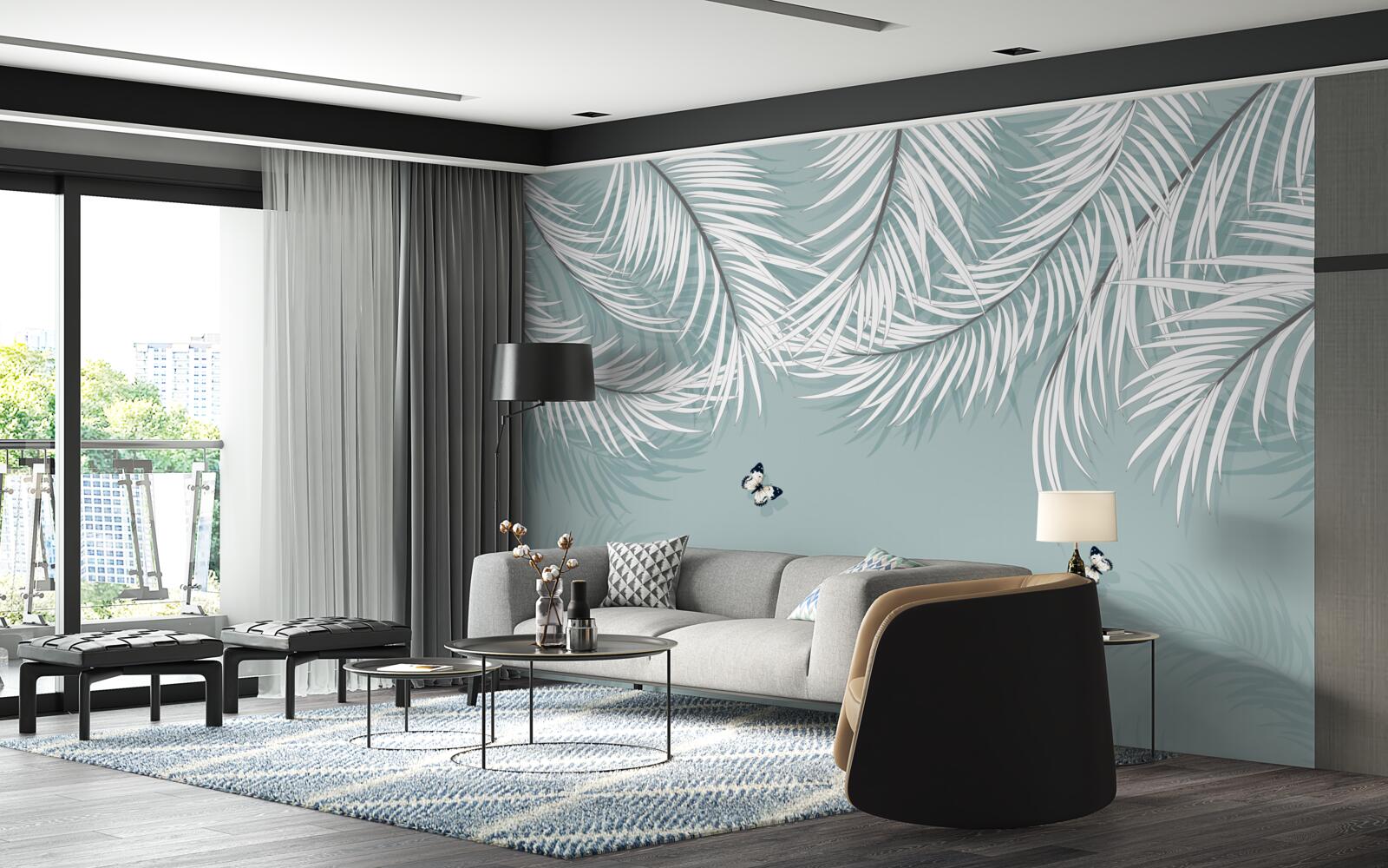 Fotobehang vlinders verstoppen zich onder palmbladeren