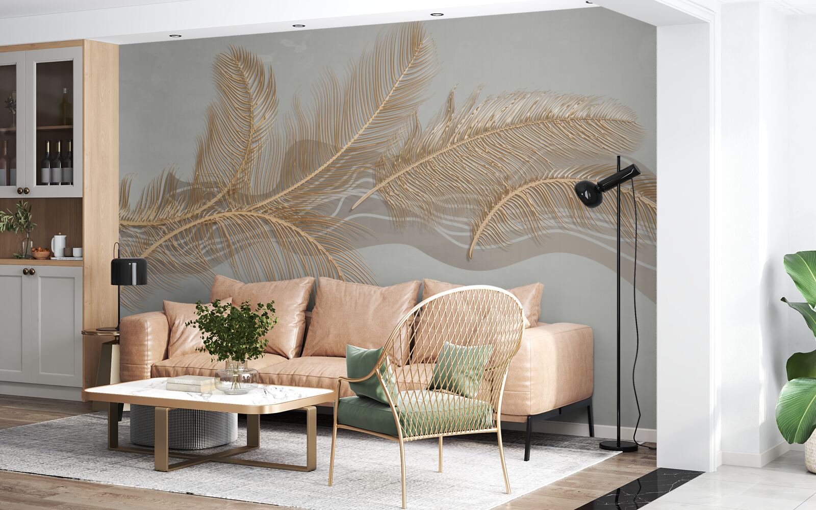 Fotobehang gouden bladeren van tropische palmen
