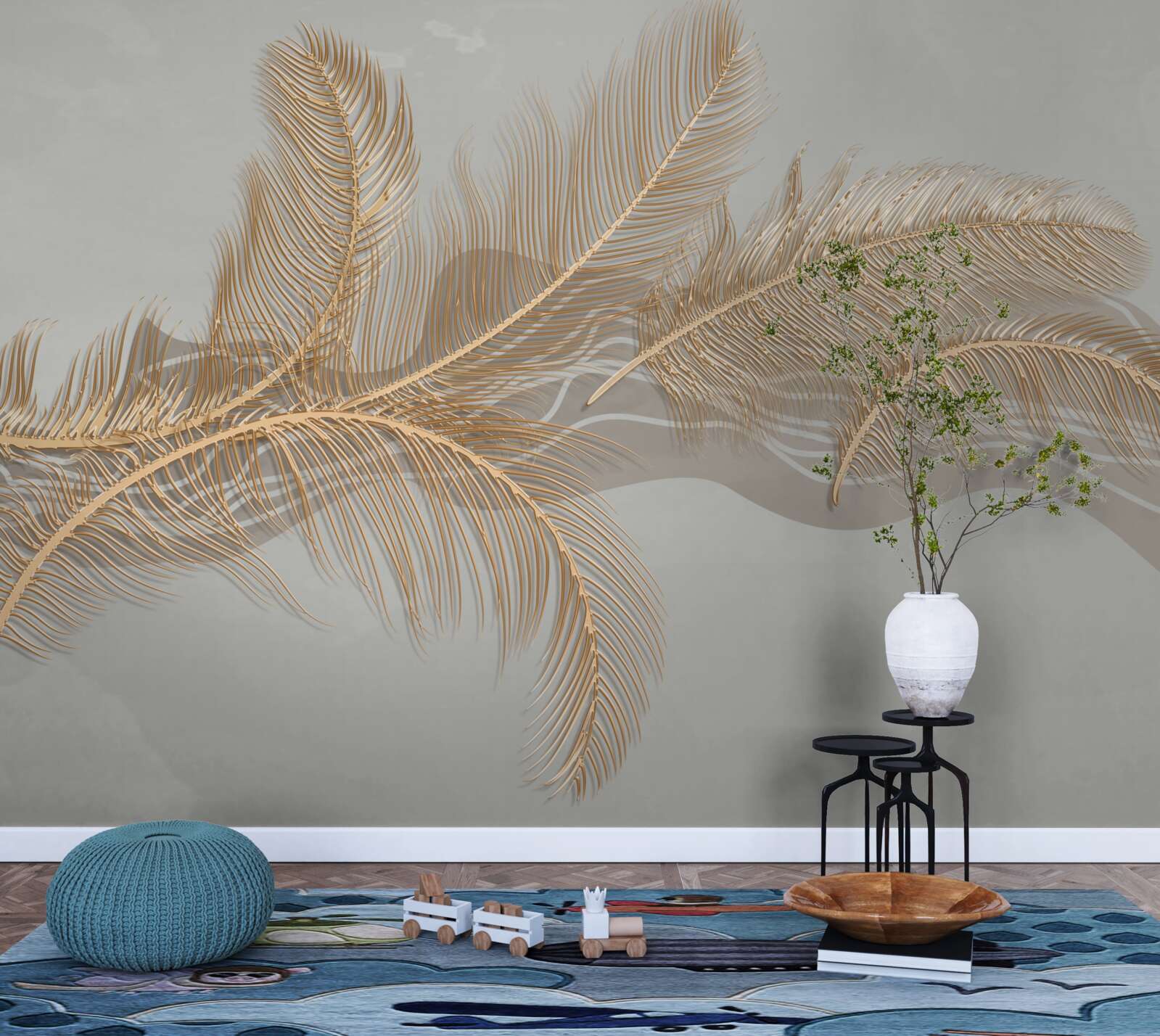 Fotobehang gouden bladeren van tropische palmen