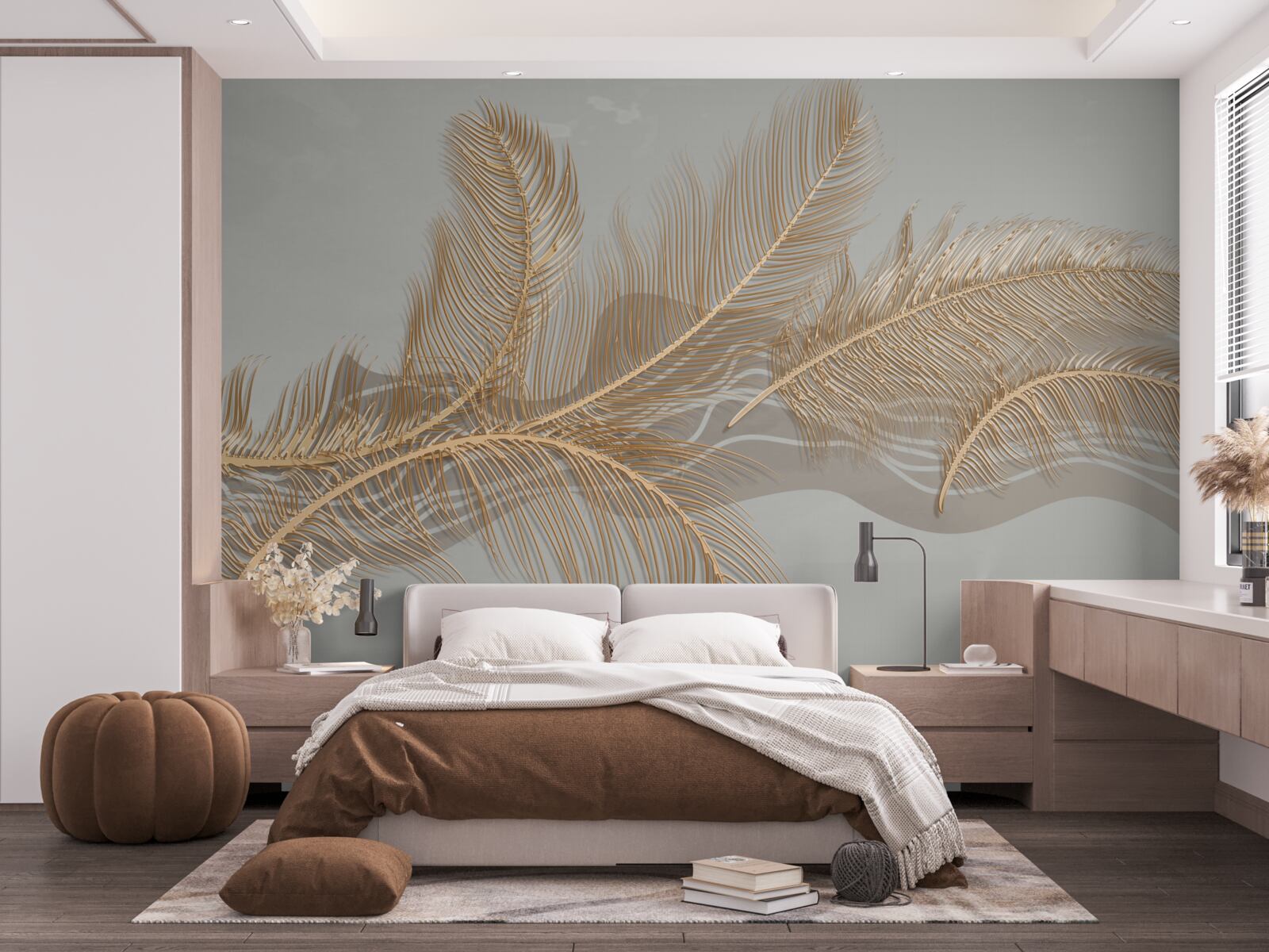 Fotobehang gouden bladeren van tropische palmen