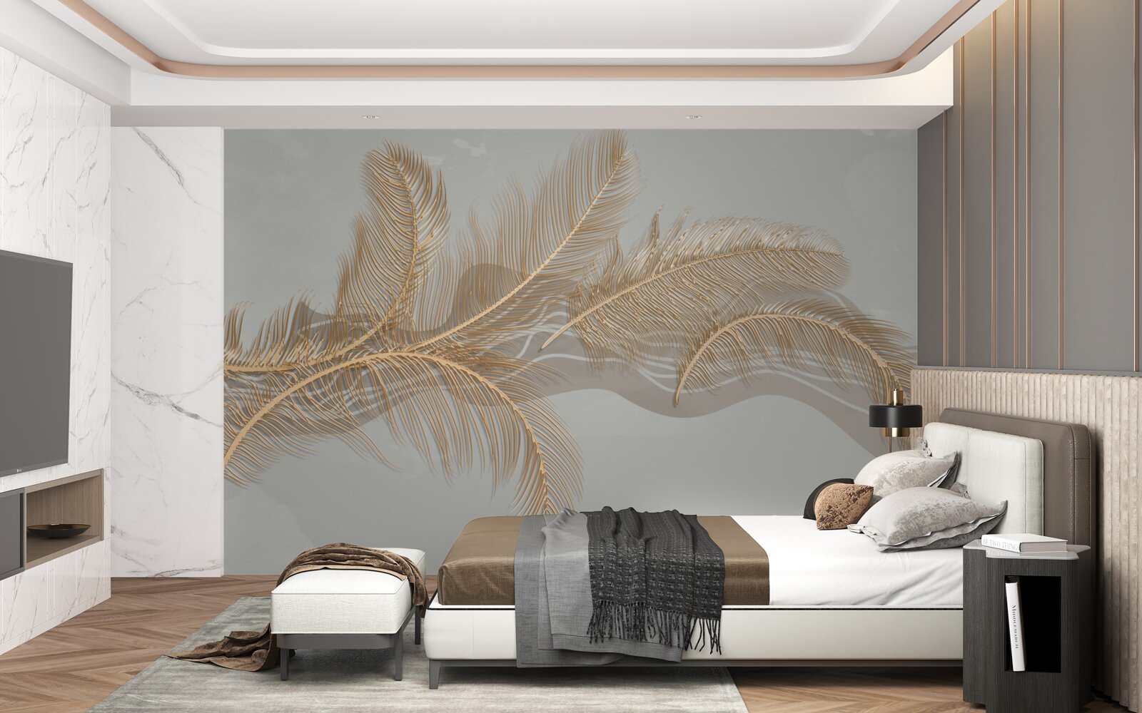 Fotobehang gouden bladeren van tropische palmen