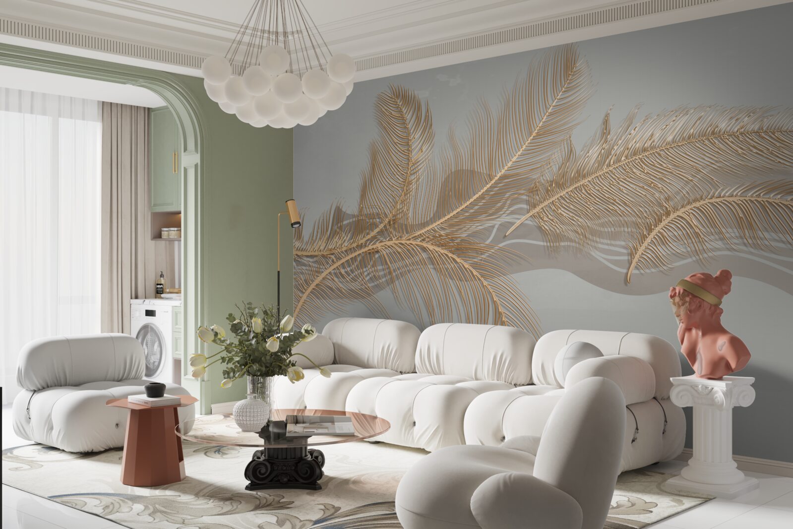 Fotobehang gouden bladeren van tropische palmen