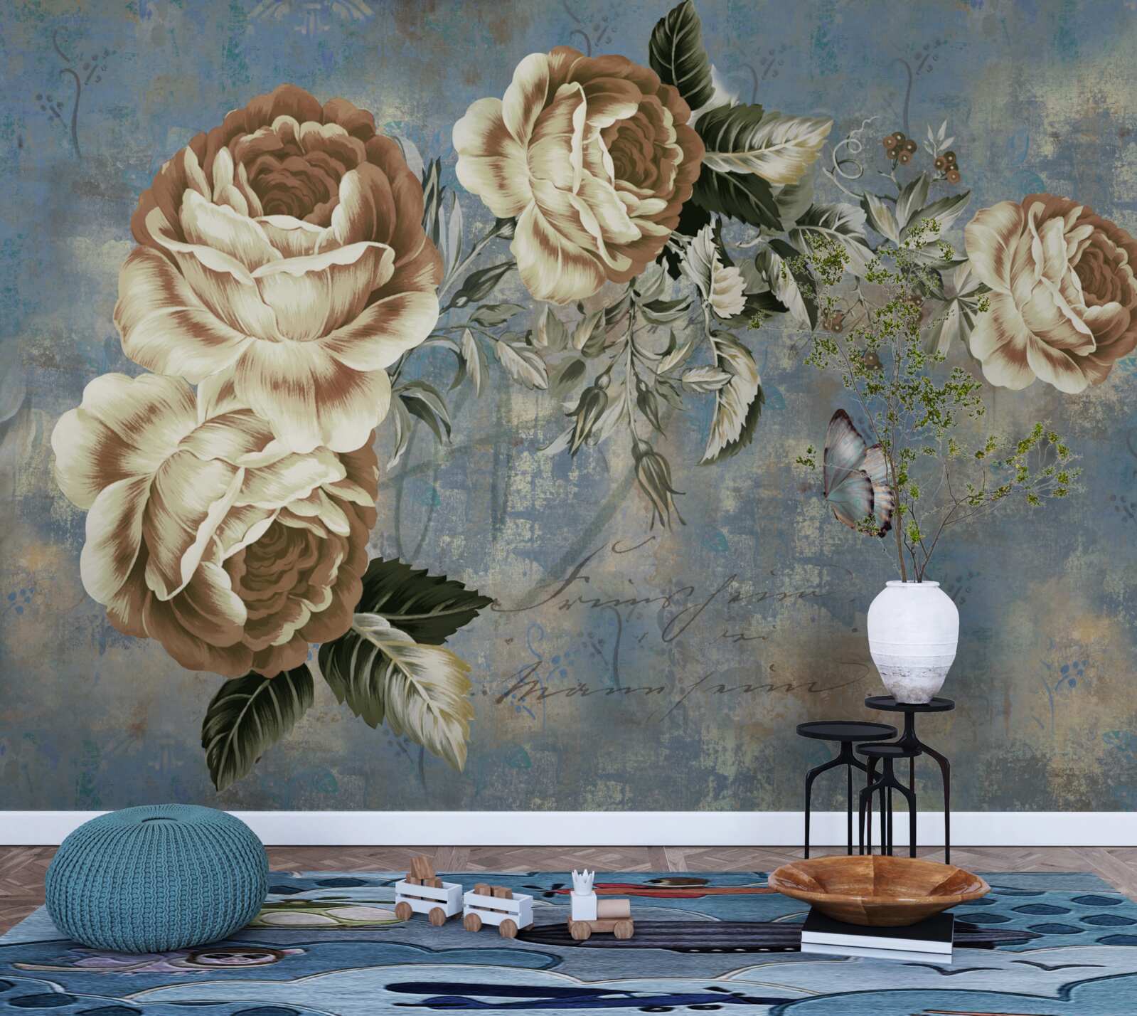 Fotobehang een tak met delicate crèmekleurige bloemen leunde kalm over het water