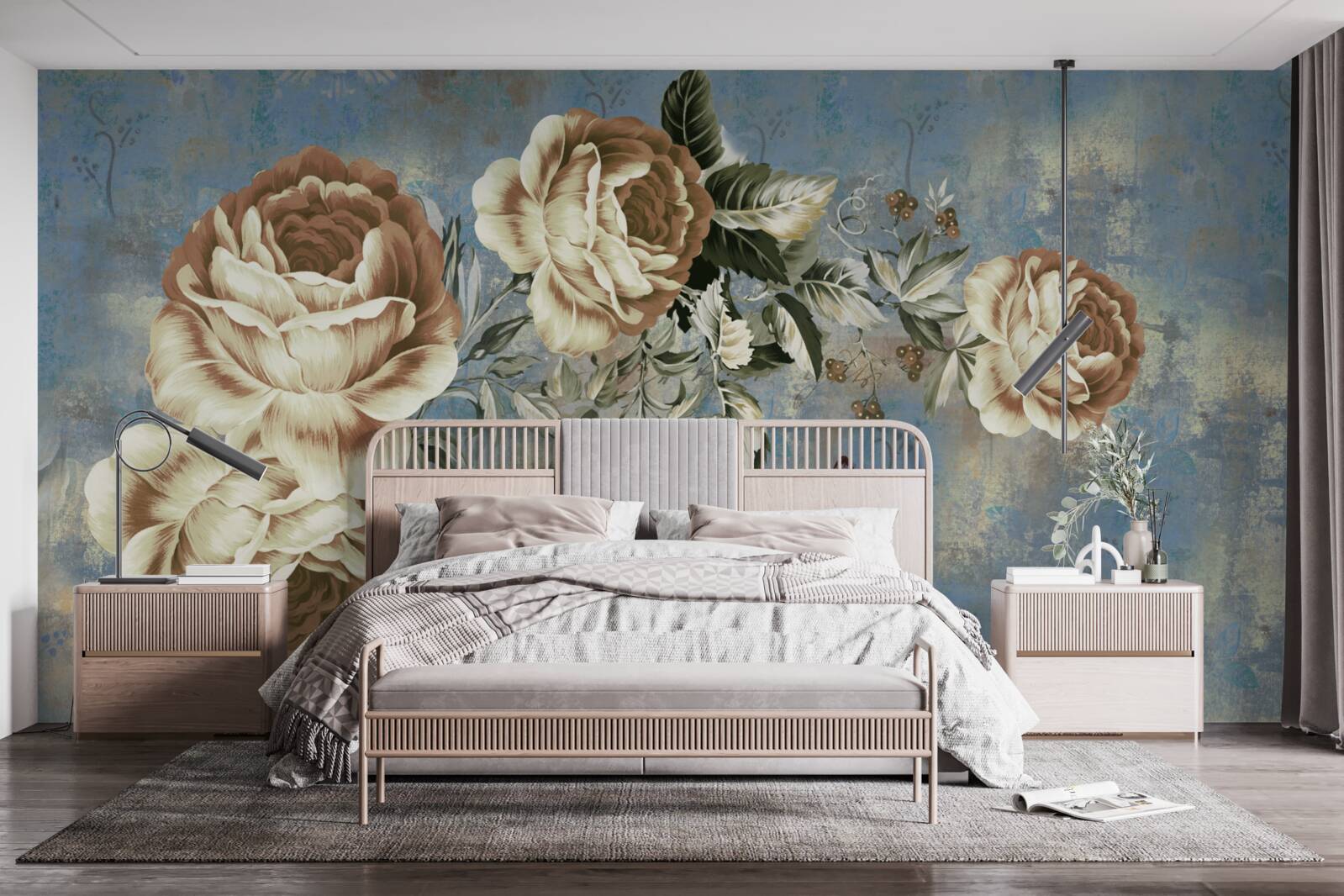 Fotobehang een tak met delicate crèmekleurige bloemen leunde kalm over het water