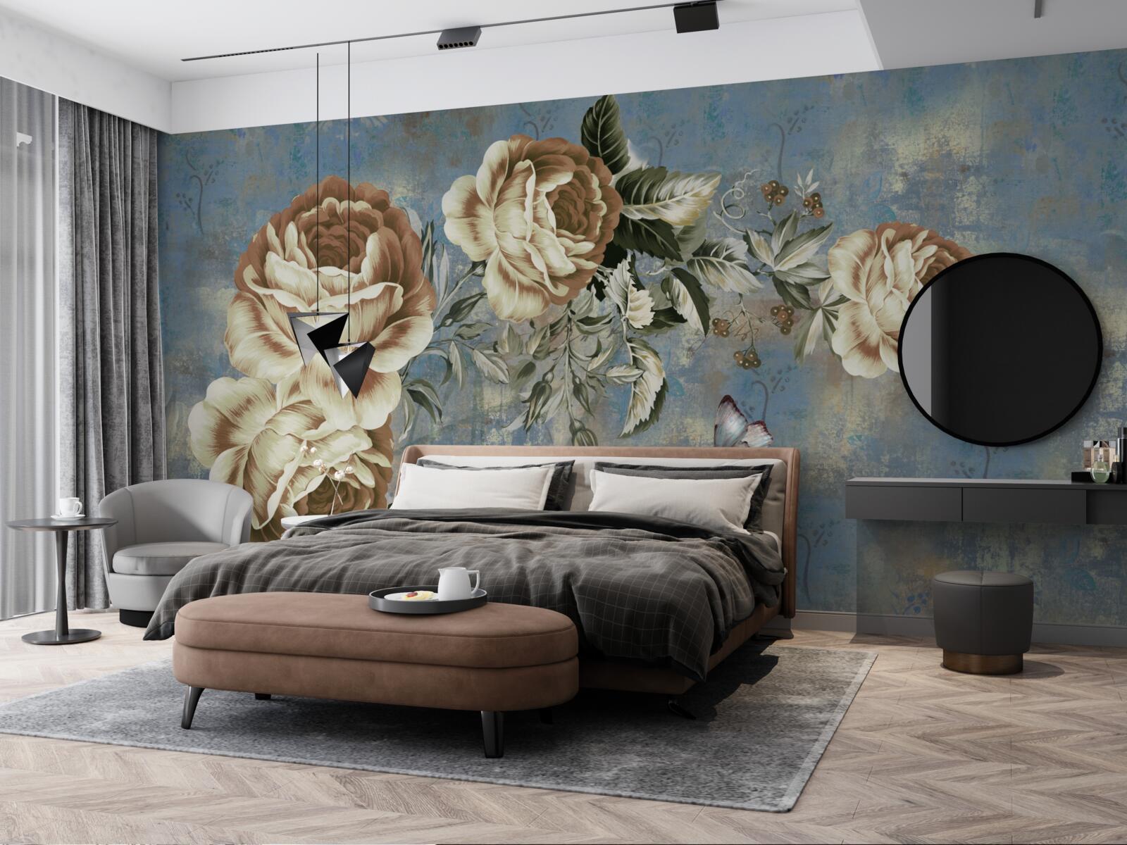 Fotobehang een tak met delicate crèmekleurige bloemen leunde kalm over het water