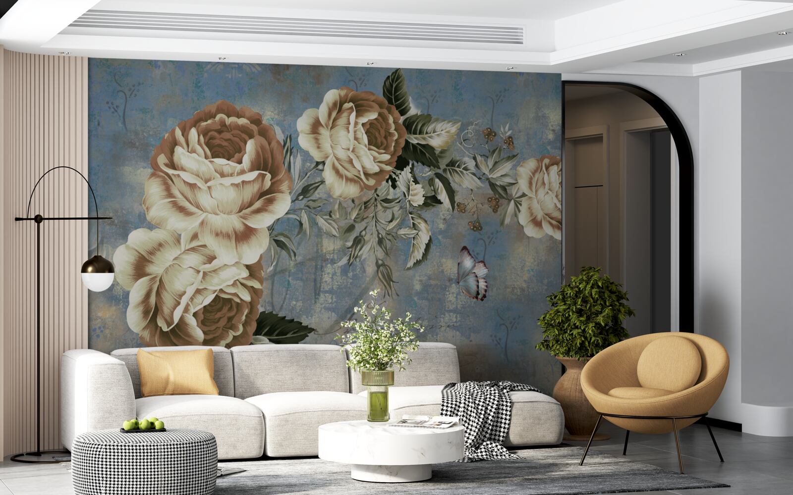 Fotobehang een tak met delicate crèmekleurige bloemen leunde kalm over het water