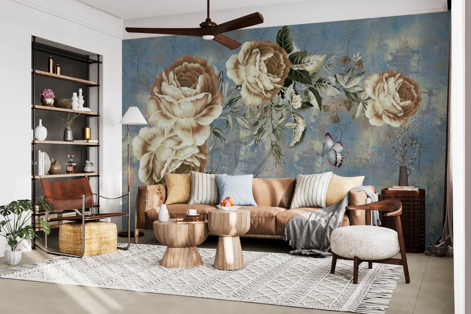 Fotobehang een tak met delicate crèmekleurige bloemen leunde kalm over het water