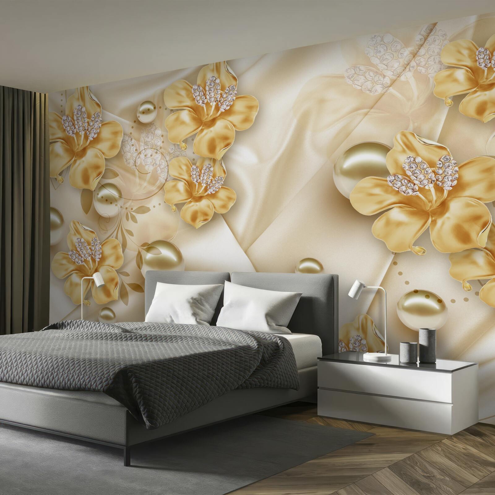 Fotobehang zijden stof is versierd met gouden en parelmoeren bloemen