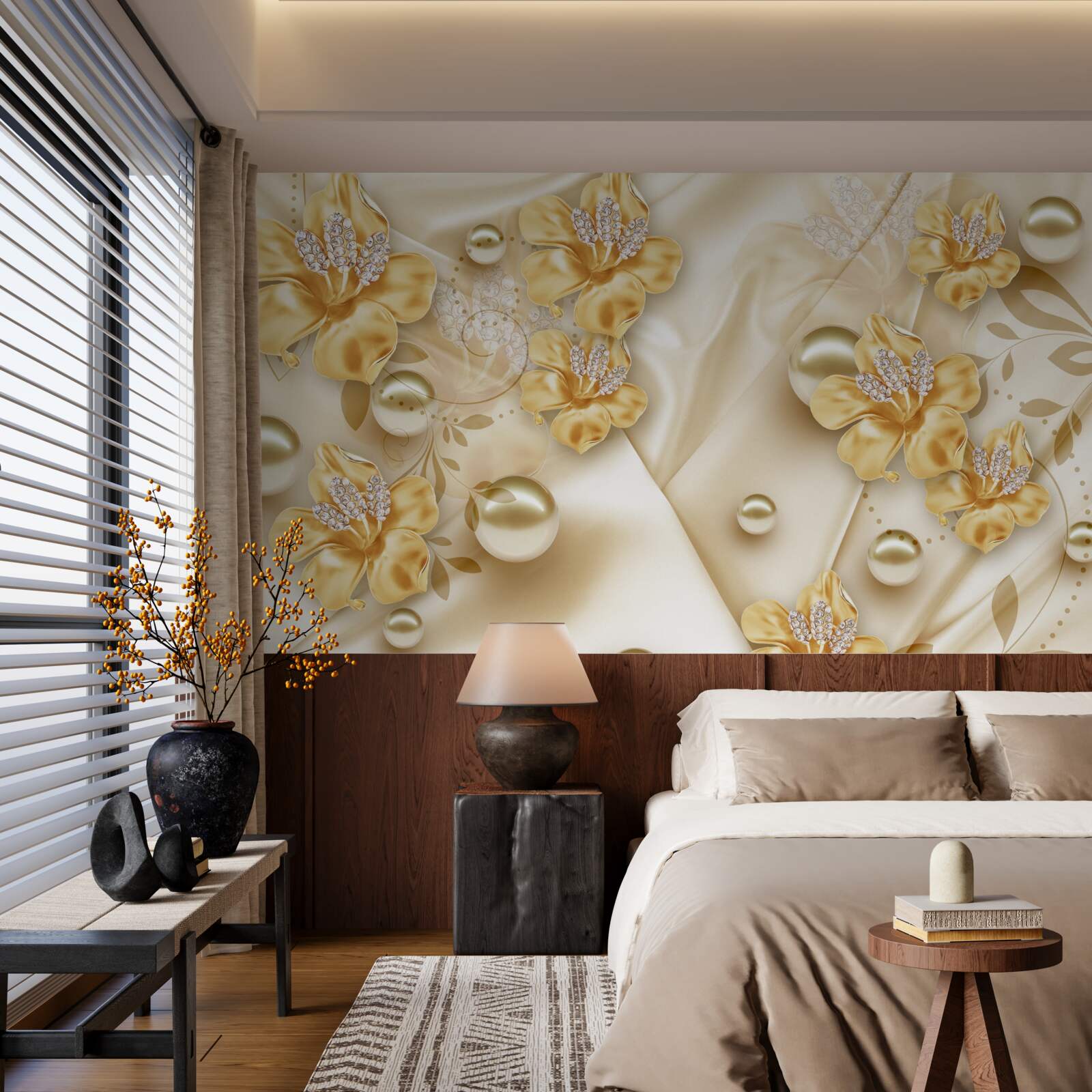 Fotobehang zijden stof is versierd met gouden en parelmoeren bloemen